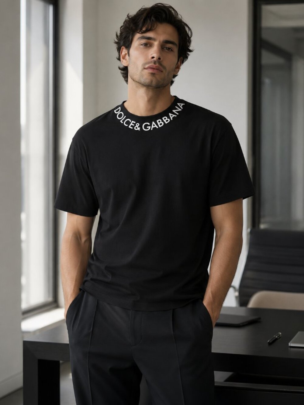 Men's Black Statement Lettered Collar T-Shirt 100% Cotton
